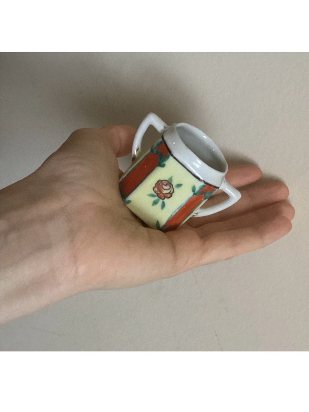 Tiny 2” Octagon Mug W/ Two Handles Colorblock Stripes &Floral Rose Pattern Japan